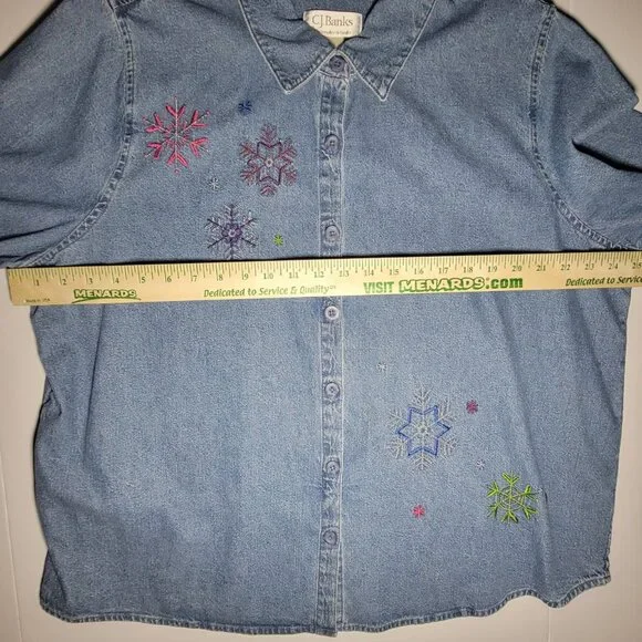 C.J. Banks Womens Blue Denim Long Sleeve Button Up Embroidered Jacket Size 1X - Picture 10 of 13
